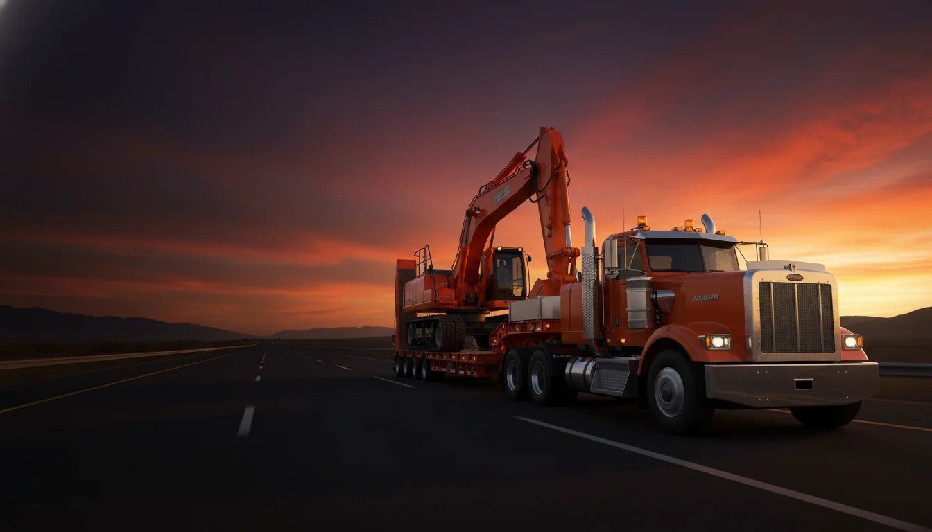 Heavy equipment being transported to a job site