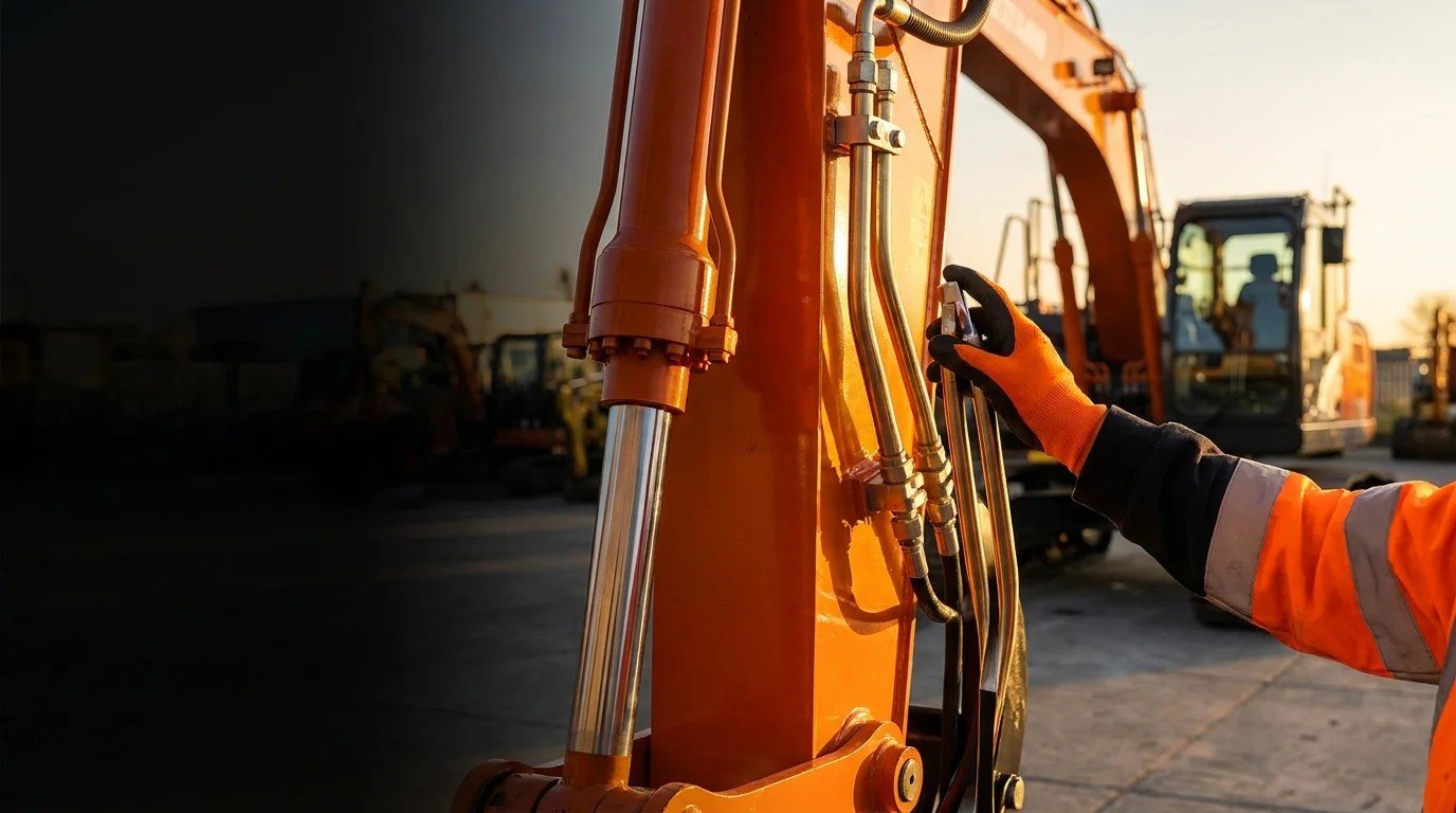 Technician checking the hydraulic system on heavy equipment